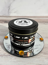 Load image into Gallery viewer, Cat-o'-Lantern Spice - Two Wick Tin Soy Candle - Toasted Pumpkin Spice & Pumpkin Souffle Scent