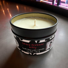 Load image into Gallery viewer, Sharp Dressed Kitty Candle, U.S. Handmade Masculine Scented Soy Candle, Clean Burn, Cardamom, Plum and Dark Musk Scent, Gift for Friend Mom Dad Co-Worker Sister