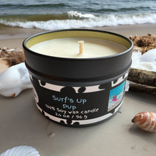 Load image into Gallery viewer, Surf's Up Pup - Small Tin Soy Candle - Beach Scent with Jasmine, Sea Salt and Violet