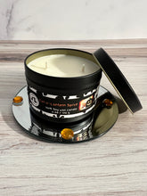 Load image into Gallery viewer, Cat-o'-Lantern Spice - Two Wick Tin Soy Candle - Toasted Pumpkin Spice & Pumpkin Souffle Scent