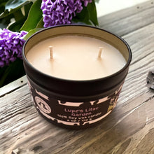 Load image into Gallery viewer, Lupe's Lilac Garden - Two Wick Tin Soy Candle - Fresh Lilac Scent