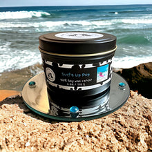 Load image into Gallery viewer, Surf's Up Pup - Two Wick Tin Soy Candle - Beach Scent with Jasmine, Sea Salt and Violet