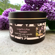 Load image into Gallery viewer, Lupe&#39;s Lilac Garden - Two Wick Tin Soy Candle - Fresh Lilac Scent
