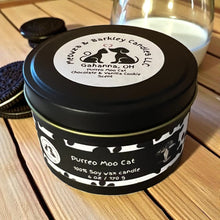 Load image into Gallery viewer, Purreo Moo Cat - Two Wick Tin Soy Candle - Chocolate and Vanilla Cookie Scent

