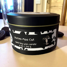 Load image into Gallery viewer, Purreo Moo Cat - Two Wick Tin Soy Candle - Chocolate and Vanilla Cookie Scent
