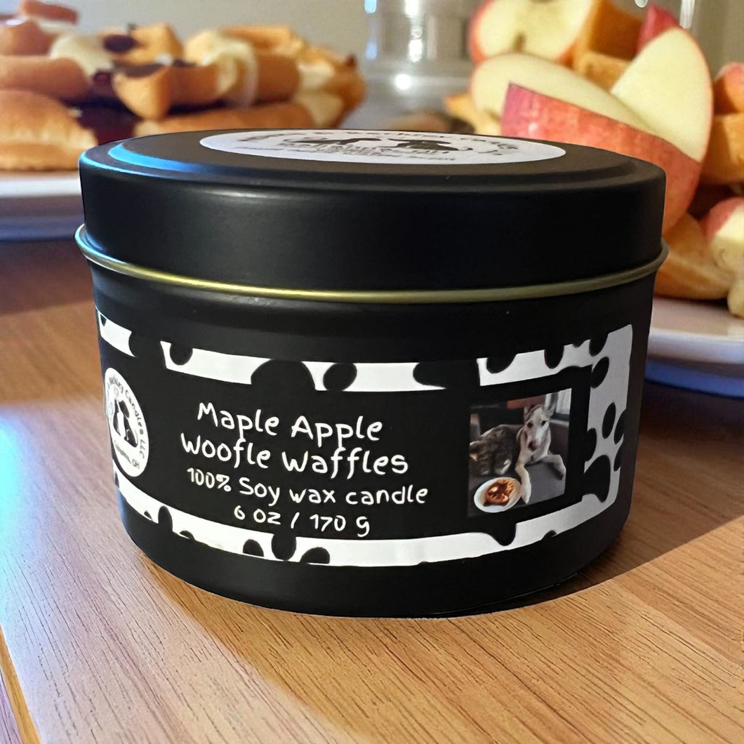 Maple Apple Woofle Waffle - Two Wick Tin Soy Candle - Maple and Apple Waffle Scent