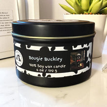 Load image into Gallery viewer, Bougie Buckley - Two Wick Tin Soy Candle - Bergamot, Moss, Juniper and Blue Spruce Scent
