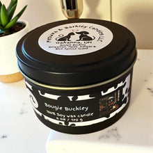 Load image into Gallery viewer, Bougie Buckley - Two Wick Tin Soy Candle - Bergamot, Moss, Juniper and Blue Spruce Scent
