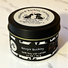 Load image into Gallery viewer, Bougie Buckley - Small Tin Soy Candle - Bergamot, Moss, Juniper and Blue Spruce Scent
