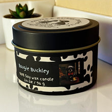 Load image into Gallery viewer, Bougie Buckley - Small Tin Soy Candle - Bergamot, Moss, Juniper and Blue Spruce Scent
