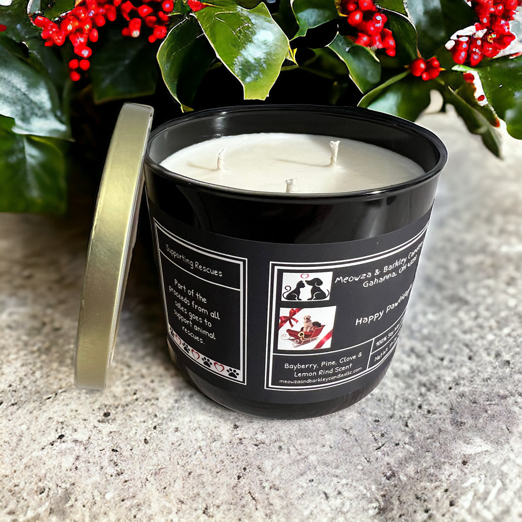 Happy Pawlidays - Large Jar 17 Ounce 3 Wick Soy Candle - Bayberry, Pine, Clove & Lemon Rind Scent