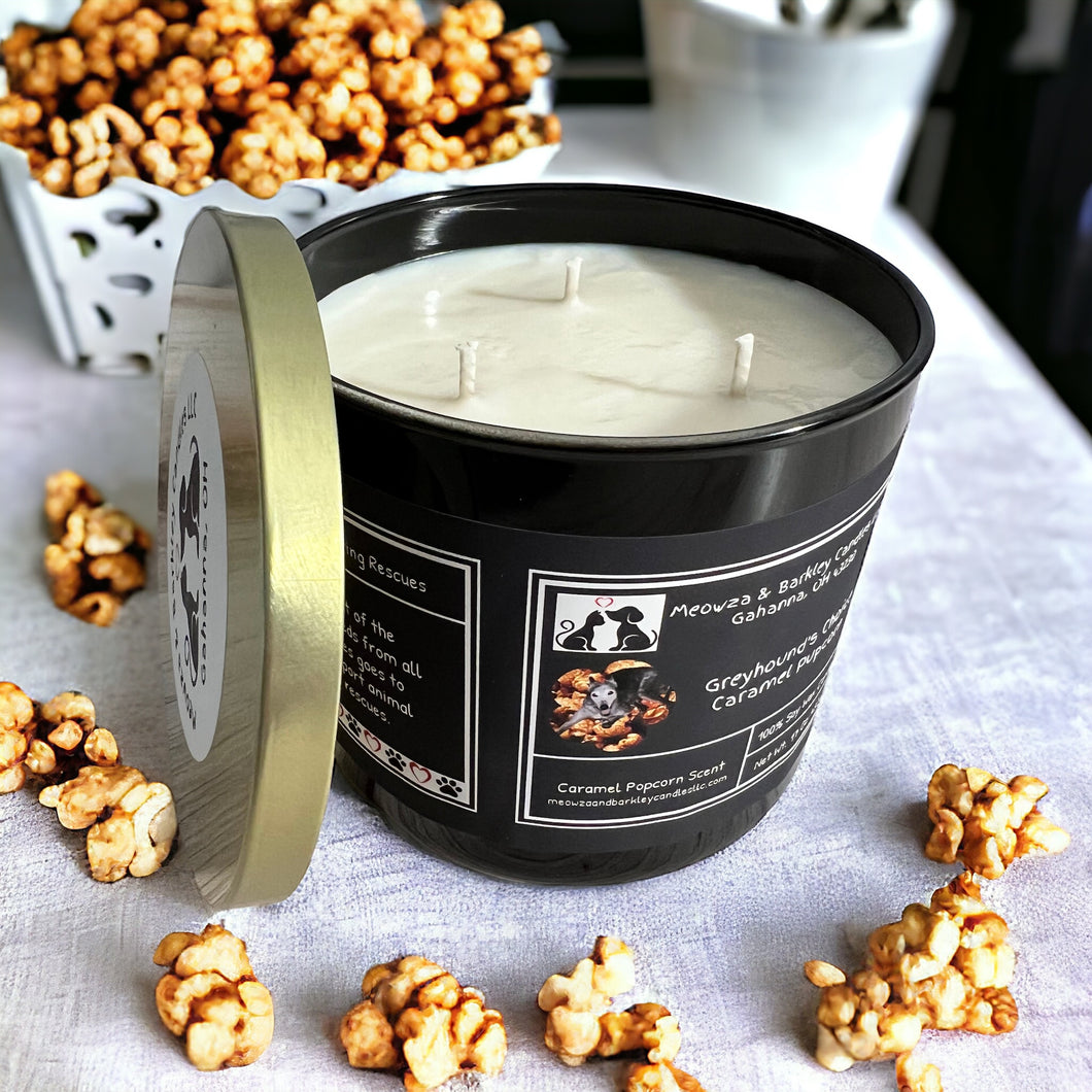 Greyhound's Choice Caramel Pupcorn - Large Jar 17 Ounce 3 Wick Soy Candle - Caramel Popcorn Scent