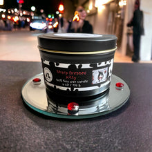 Load image into Gallery viewer, Sharp Dressed Kitty - Two Wick Tin Soy Candle - Black Salt, Cardamom, Plum &amp; Dark Musk Scent
