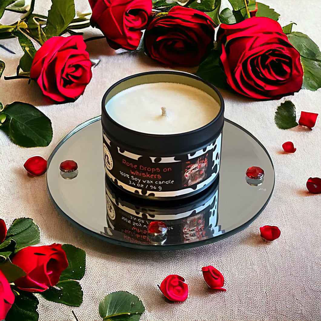 Rose Drops on Whiskers - Small Tin Soy Candle - Beautiful Bouquet of Roses Scent