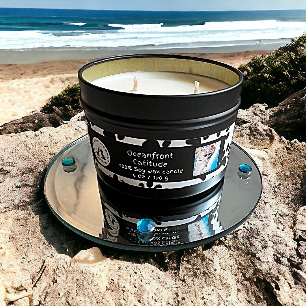 Oceanfront Catitude Two Wick Tin Soy Candle - Cardamom, Sea Salt, Palm & Amber Scent