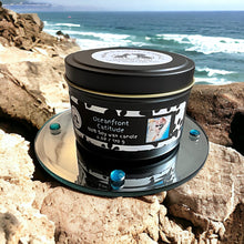 Load image into Gallery viewer, Oceanfront Catitude Two Wick Tin Soy Candle - Cardamom, Sea Salt, Palm &amp; Amber Scent
