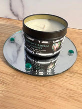 Load image into Gallery viewer, Picture of bamboo scented soy candle with dog on label.
