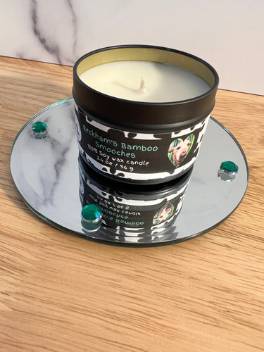 Picture of bamboo scented soy candle with dog on label.