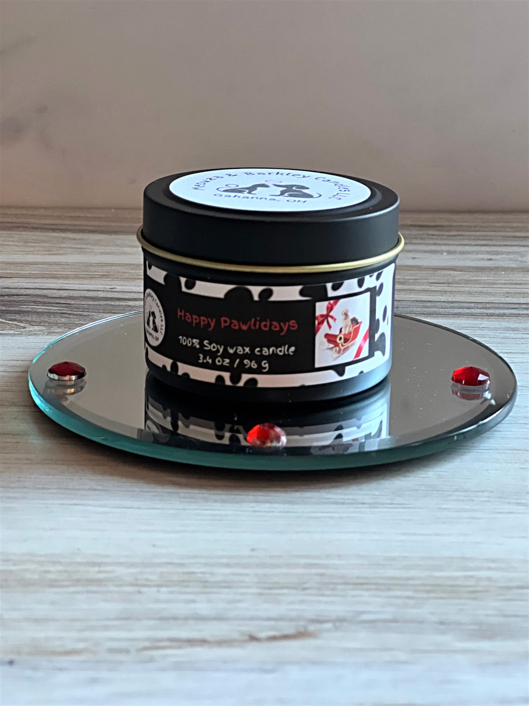 Happy Pawlidays - Small Tin Soy Candle - Bayberry, Pine, Clove & Lemon Rind Scent