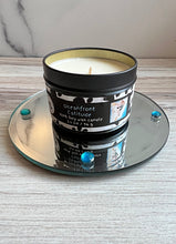 Load image into Gallery viewer, Oceanfront Catitude Small Tin Soy Candle - Cardamom, Sea Salt, Palm &amp; Amber Scent
