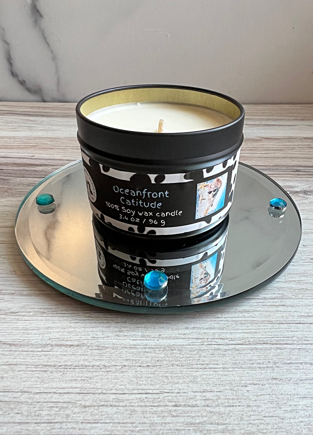 Oceanfront Catitude Small Tin Soy Candle - Cardamom, Sea Salt, Palm & Amber Scent