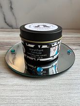 Load image into Gallery viewer, Oceanfront Catitude Small Tin Soy Candle - Cardamom, Sea Salt, Palm &amp; Amber Scent
