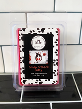 Load image into Gallery viewer, Sharp Dressed Kitty - Red &amp; White Clamshell Soy Wax Melts - Black Salt, Cardamom, Plum &amp; Dark Musk Scent
