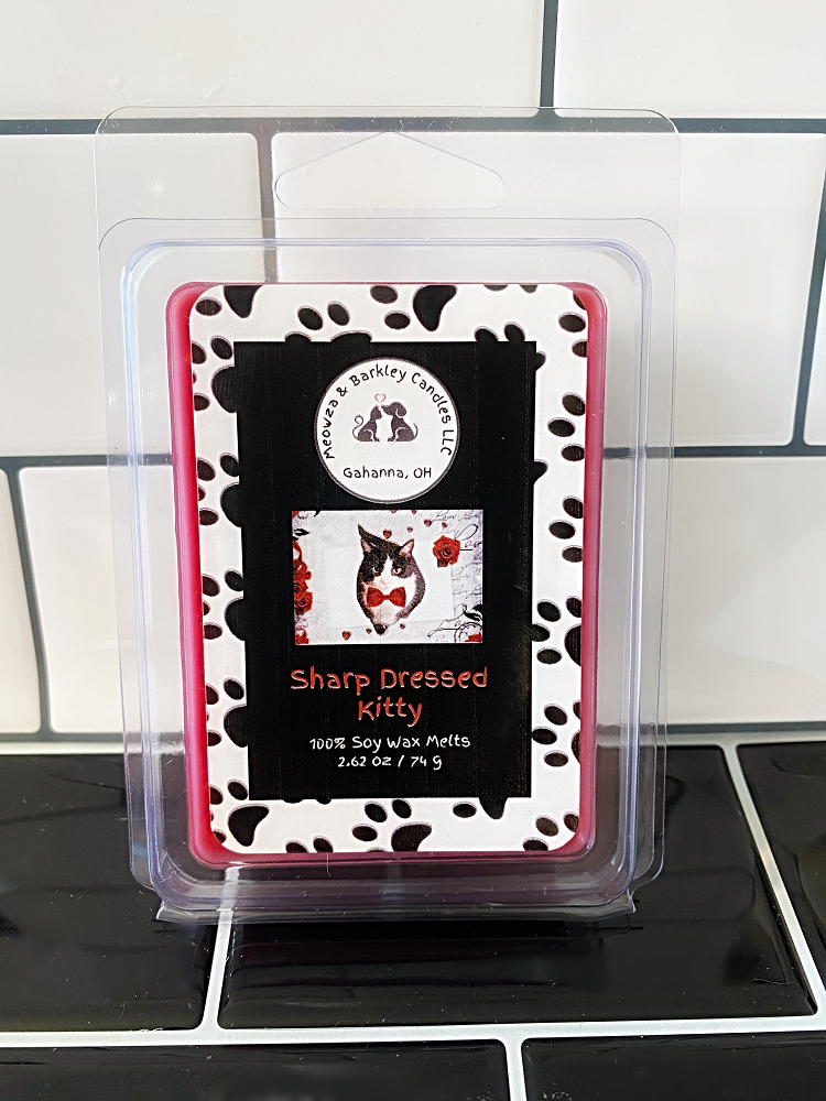 Sharp Dressed Kitty - Red & White Clamshell Soy Wax Melts - Black Salt, Cardamom, Plum & Dark Musk Scent