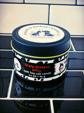 Load image into Gallery viewer, Sharp Dressed Kitty - Small Tin Soy Candle - Black Salt, Cardamom, Plum &amp; Dark Musk Scent
