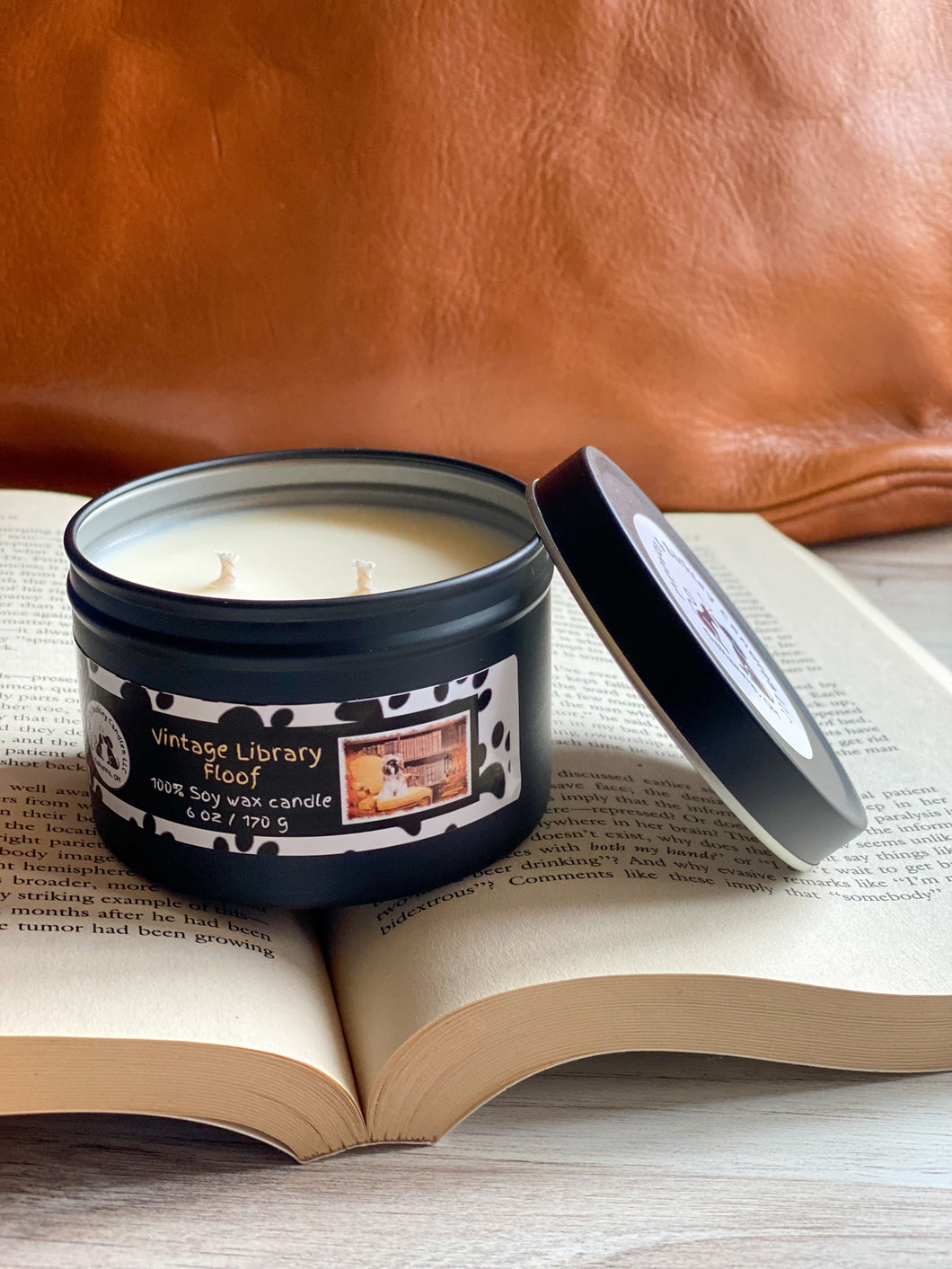 Vintage Library Floof Two Wick Medium Tin Soy Candle - Teakwood, Leather & Patchouli Scent
